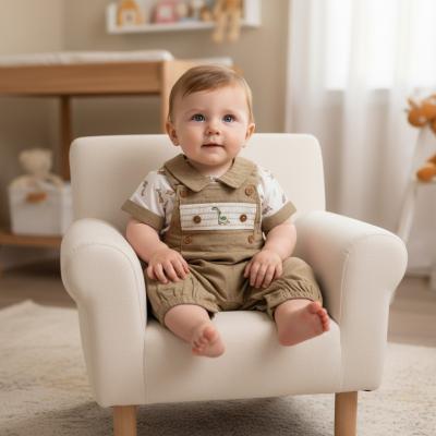 ML2120-6325-T  Smocked "Dinosaur" Linen Dungaree Set  (NB-6m)