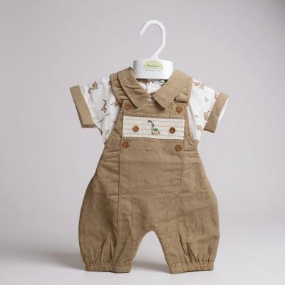 ML2120-6325T  Smocked "Dinosaur" Linen Dungaree Set  (NB-6m)