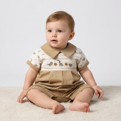 ML2120-6326T Smocked "Dinosaur" Linen Romper (NB-6 months)