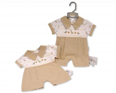 My Little Chick Bis-2120-6326 5035320163260 ML2120-6326T Smocked "Dinosaur" Linen Romper (NB-6 months)