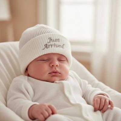 NT0503-0449 White "Just Arrived" Knitted Hat (0-3 months)
