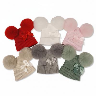 NT0503-0622A Double Pom Pom Hat with Bow (6-12m - Choose Colour)
