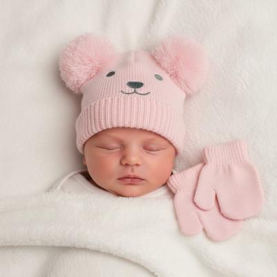 NT0503-0641P Baby Double Pompom Hat and Mitten Set (0-6 months)