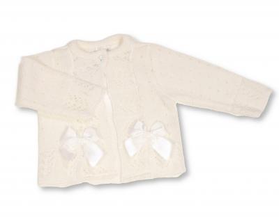 NT10-1009W  White Fancy Knit "Bow" Cardigan  (NB-9m)