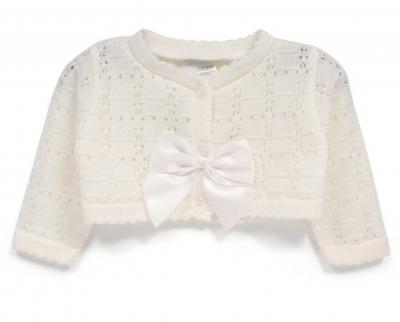 NT10-223-W White Fancy Knit Bow Bolero (NB - 9 months)