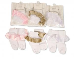 NT61-2233 Lace and Ribbon Ankle Socks (0-18m - Choose Colour)