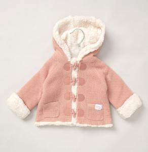 Rock a bye boutique E07894 0-3m = 5056623219119, 3-6m = 5056623219126, 6-12m = 5056623219133 RBE07894DP  Dusky Pink Borg and Knit Cardigan (0-12 months)