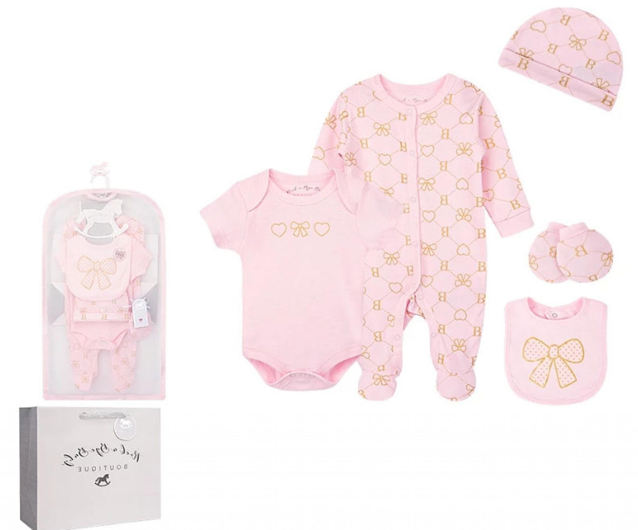 Rock a bye boutique E08413 NB=5056756516178, 0-3m=5056756516185, 3-6m = 5056756516192 RBE08413P Bow and Heart Piece Layette & Bag(NB - 6m)