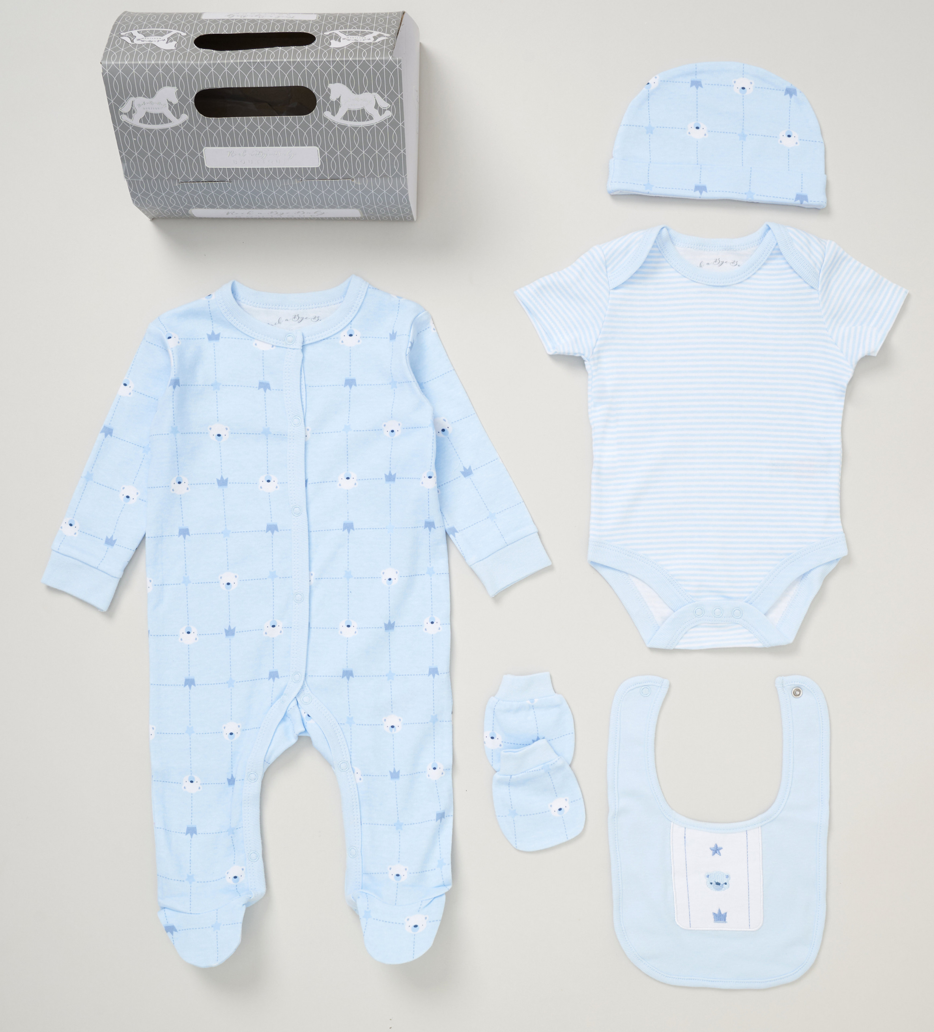 Rock a bye boutique E08846 NB=50567565157775=5056756515782,6=5056756515799 RBE08846 "Bear" 5 Piece Layette Set (Nb-6 months)