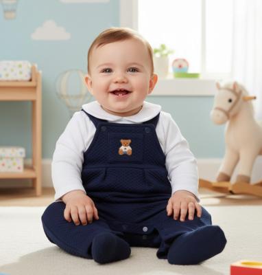 RBJ16015 Navy Teddy Sandwich Suit dungaree & top (NB-6 months)
