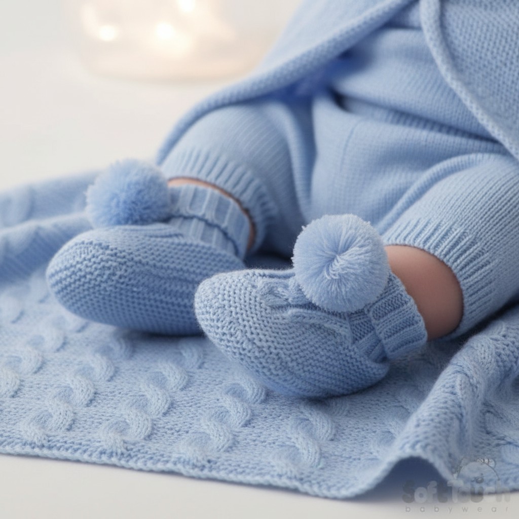 Soft Touch 3ABO12-B 5023797310812 STABO12-B Blue Elegence Cable and Pom Pom Booties (NB - 12m)