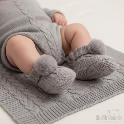 STABO12-G grey Elegence Cable and Pom Pom Booties (NB - 12m)