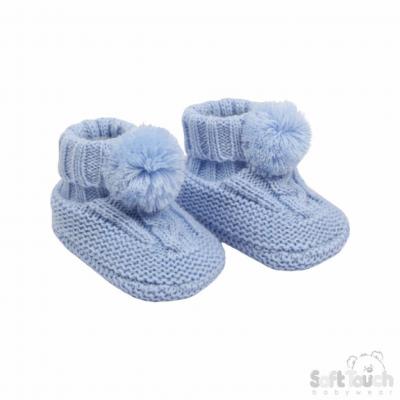 STABO12-B  Blue Elegence Cable and Pom Pom Booties  (NB - 12m)