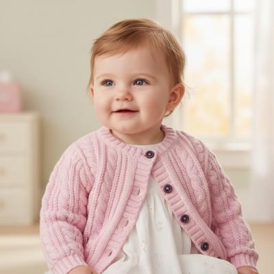 STCD16-DP  Dusky Pink Cable Cardigan with Wooden Buttons  (0-12m)