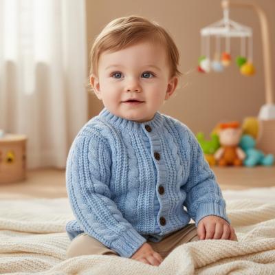 STCD16_B  Blue Cable Cardigan with Wooden Buttons  (0-12 months)