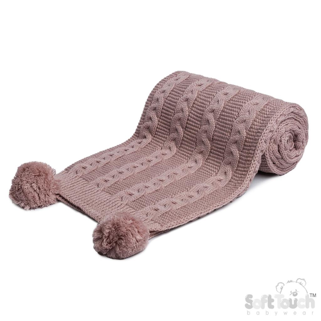 Soft Touch Zero EABP800 5023797313592 STEABP800-DP Dusky Pink Zero Cable Knit Wrap with Pom Poms