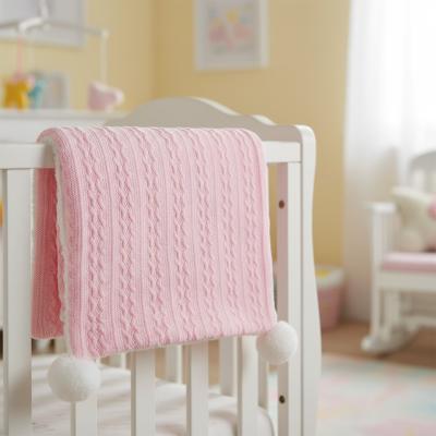 STFBP188-BP Baby Pink Cable Knit Wrap with Poms and Sherpa