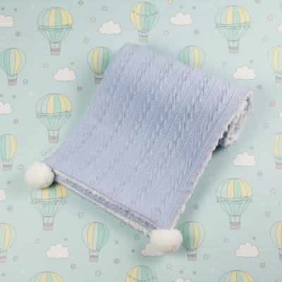 STFBP188-B Sky Blue Cable Knit Wrap with Poms and Sherpa