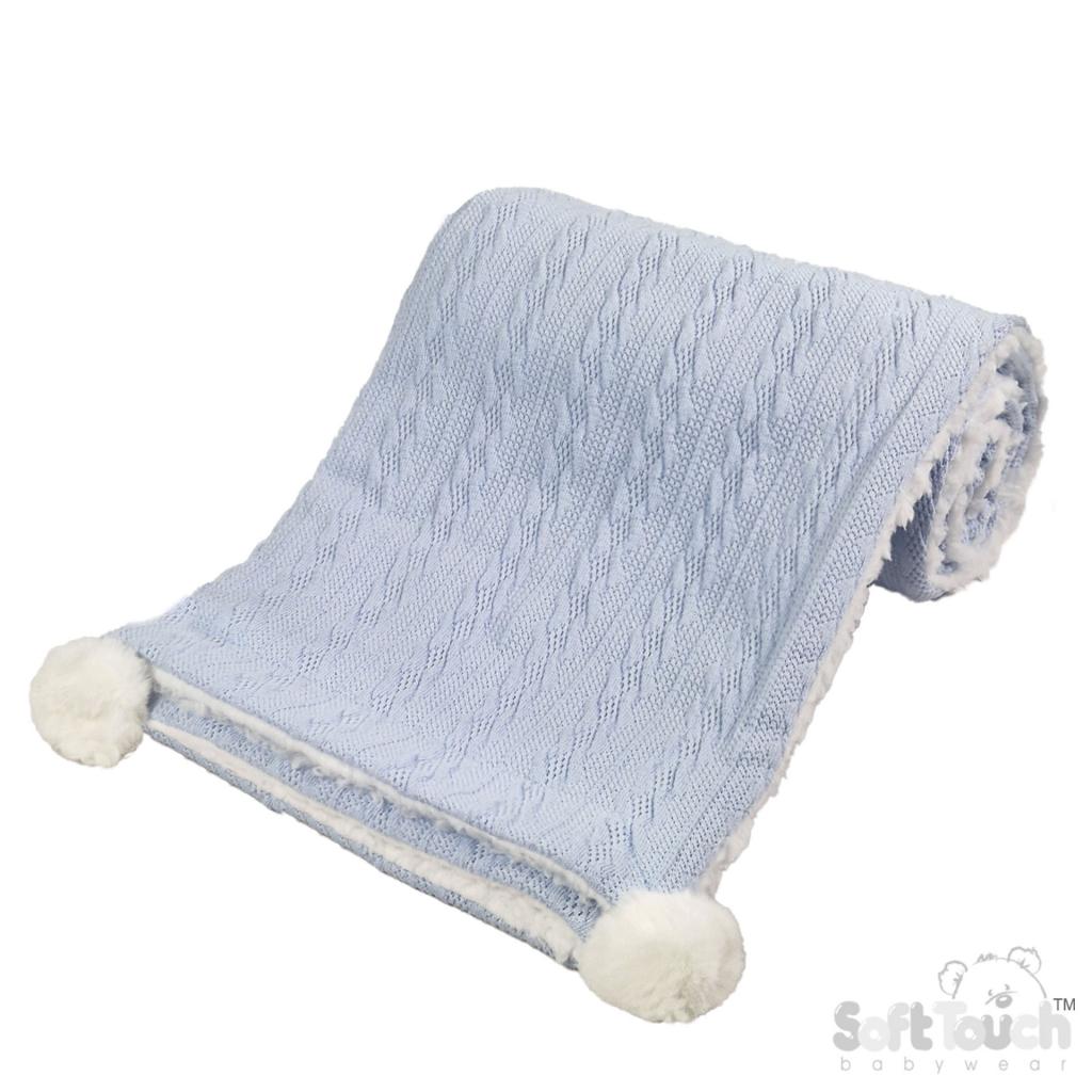 Soft Touch 4FBP188-B 5023797309953 STFBP188-B Sky Blue Cable knit wrap with poms and sherpa