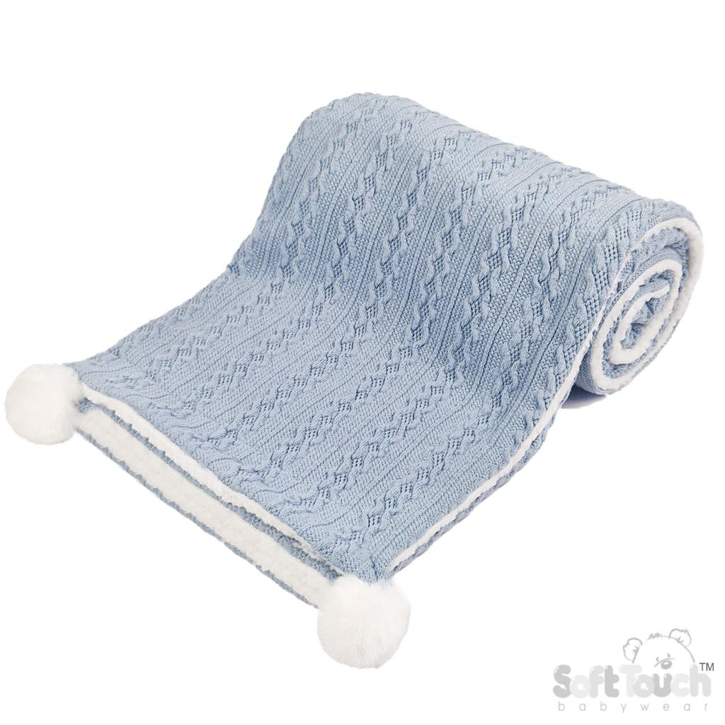 Soft Touch 4FBP188-DB 5023797309984 STFBP188-DB Dusty Blue Cable Knit Wrap with Poms and Sherpa
