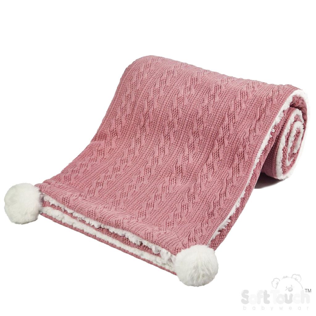 Soft Touch 4FBP188-DP 5023797309960 STFBP188-DP Dusky Pink Cable knit wrap with poms and sherpa
