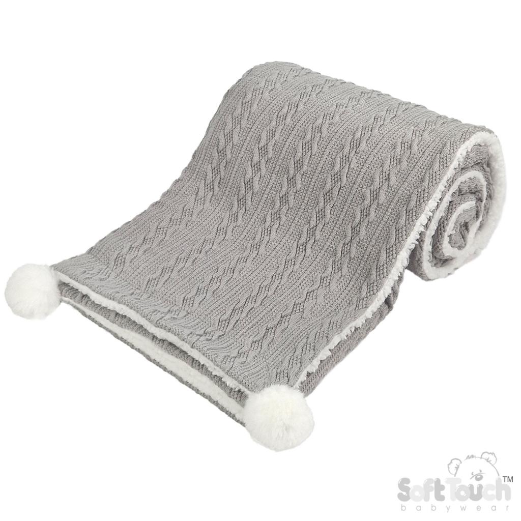 Soft Touch 4FBP188-G 5023797309939 STFBP188-G Grey Cable Knit Wrap with Poms and Sherpa