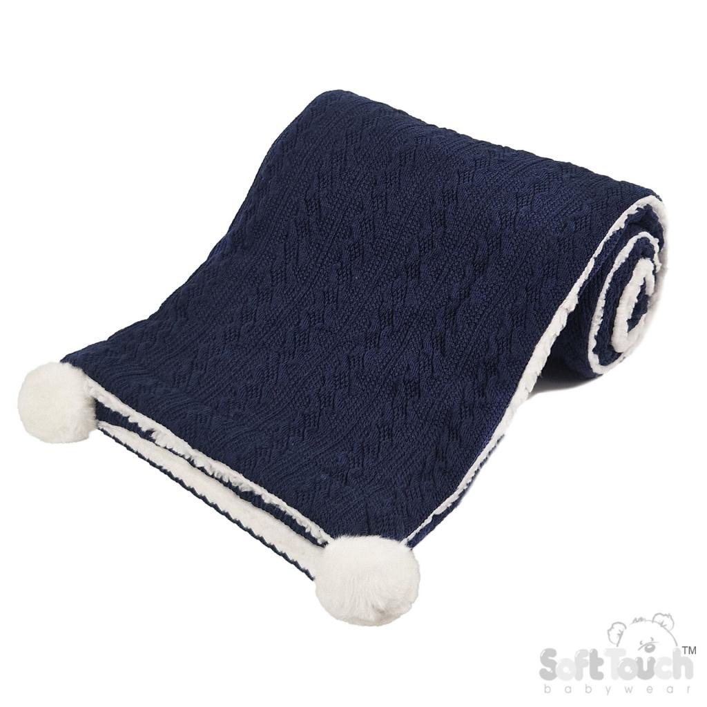 Soft Touch 4FBP188-N 5023797309991 STFBP188-N Navy Cable knit wrap with poms and sherpa