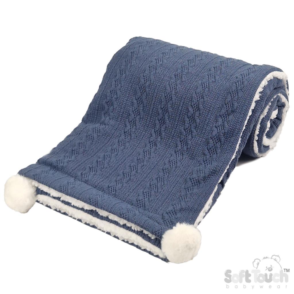 Soft Touch 4FBP188-SB 5023797310027 STFBP188-SB Steel Blue Cable Knit Wrap with Poms and Sherpa