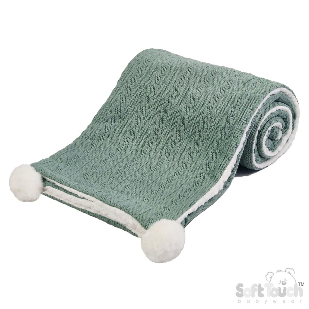 Soft Touch 4FBP188-SG 5023797310003 STFBP188-SG Sage Green Cable Knit Wrap with Poms and Sherpa