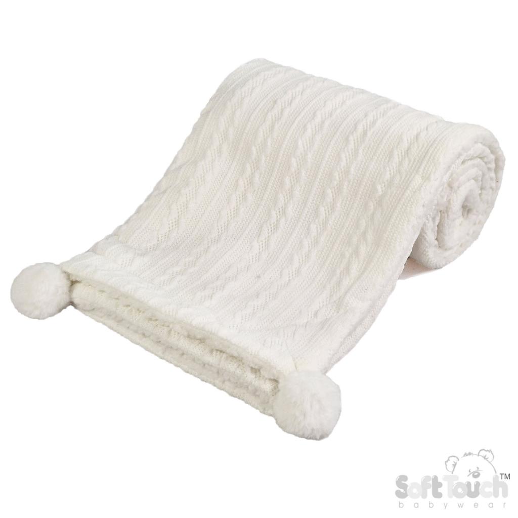 Soft Touch 4FBP188-W 5023797309922 STFBP188-W White Cable knit wrap with poms and sherpa