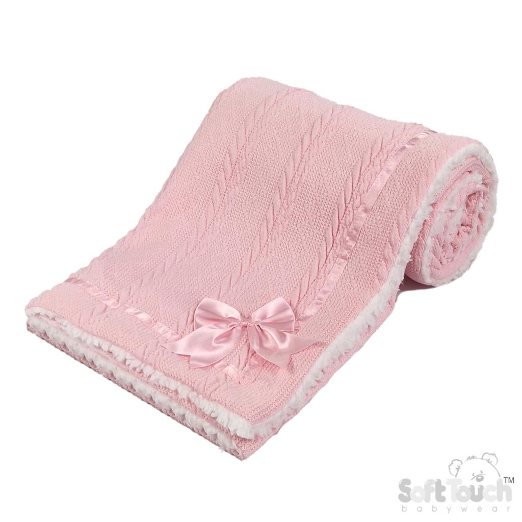 Soft Touch 4FBP202-BP 5023797310072 STFBP202-BP Pink Chevron knit wrap with satin bow and sherpa