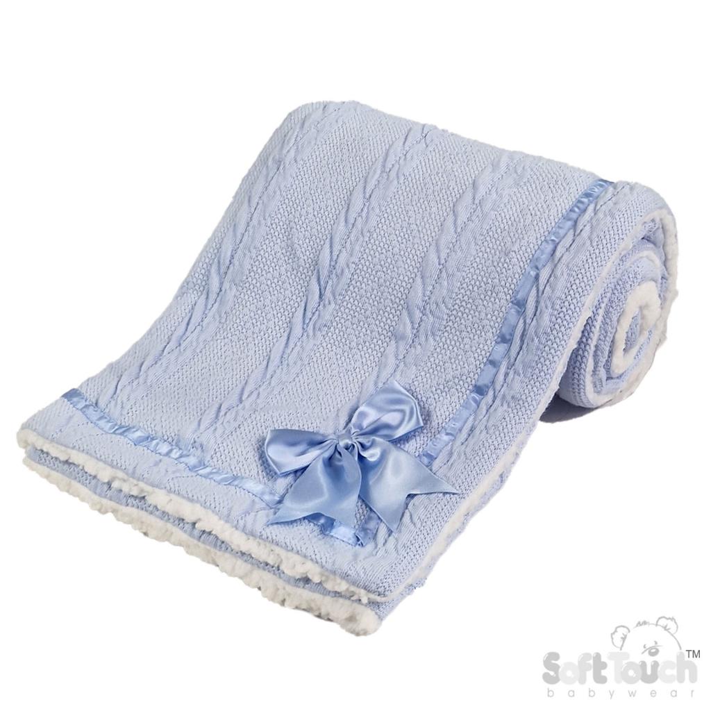 Soft Touch 4FBP202-B 5023797310089 STFBP202-B Sky Chevron knit wrap with satin bow and sherpa