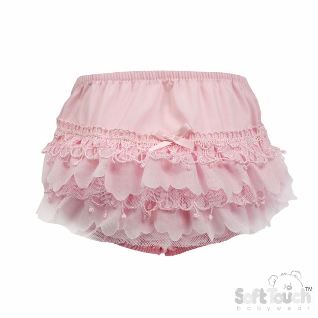 Soft Touch 4FP01-P 0-6 = 5023797316692, 6-12=5023797316708, 12-18 =5023797316715 STFP26-P Pink Bell Lace Frilly Pants (0-18 months)