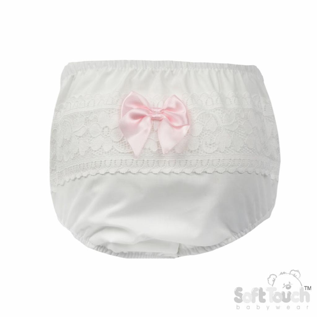 Soft Touch FP30-P 0-6 = 5023797316876, 6-12=5023797316883, 12-18 =5023797316890 STFP30-P  Pink Floral Lace Frilly Pants (0-18 months)