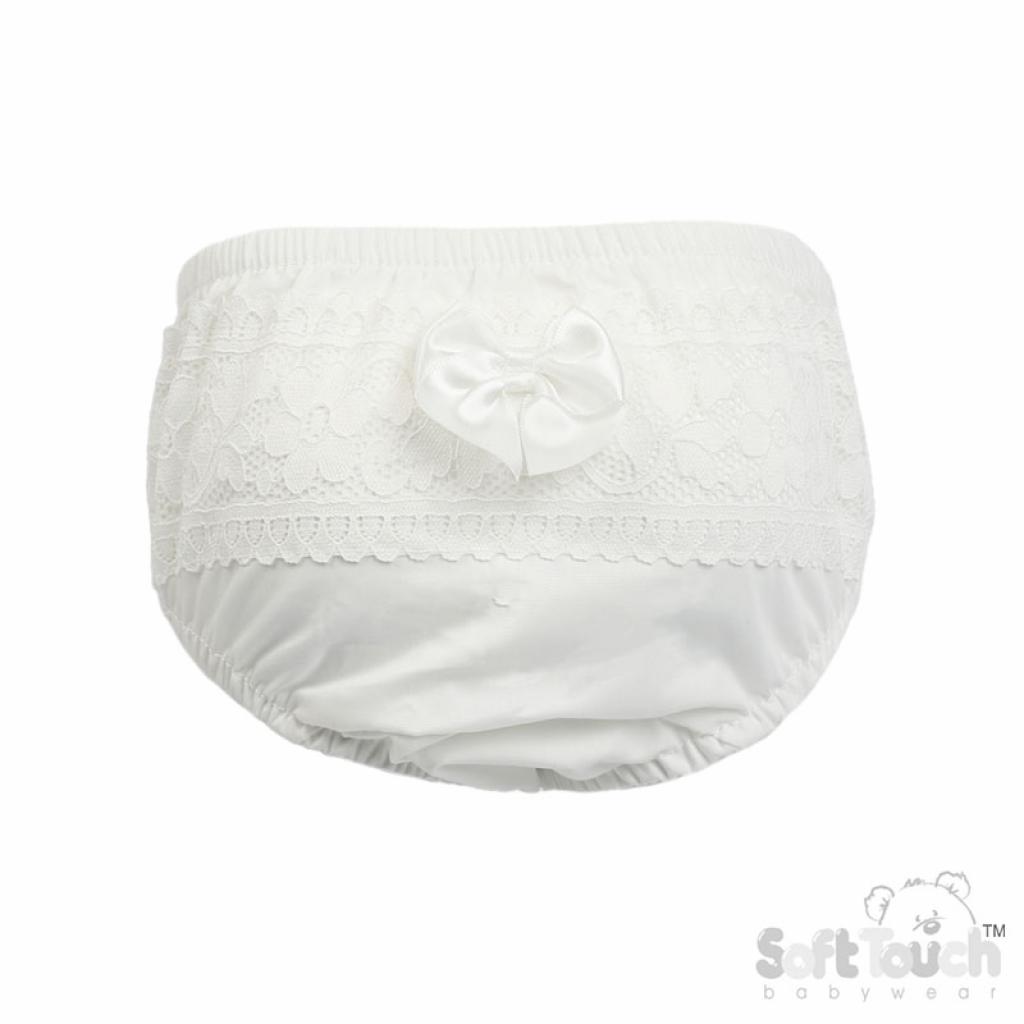 Soft Touch FP30-W 0-6 = 5023797316906, 6-12=5023797316913, 12-18 =5023797316920 STFP30-W White Floral Lace Frilly Pants (0-18 months)