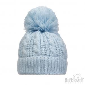 STH16-B  Deluxe Blue Cable Knit Pom Pom Hat  (NB - 12m)