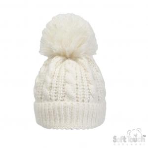 STH16-Cr  Deluxe Cable Knit Pom Pom Hat  (NB - 12m)