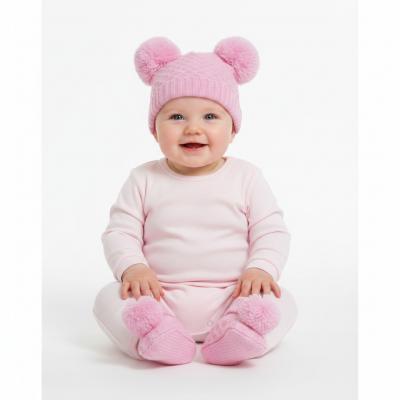 STH610-BPSM   Pink Pom Pom Hat and Bootee Set  (Nb-12 months)