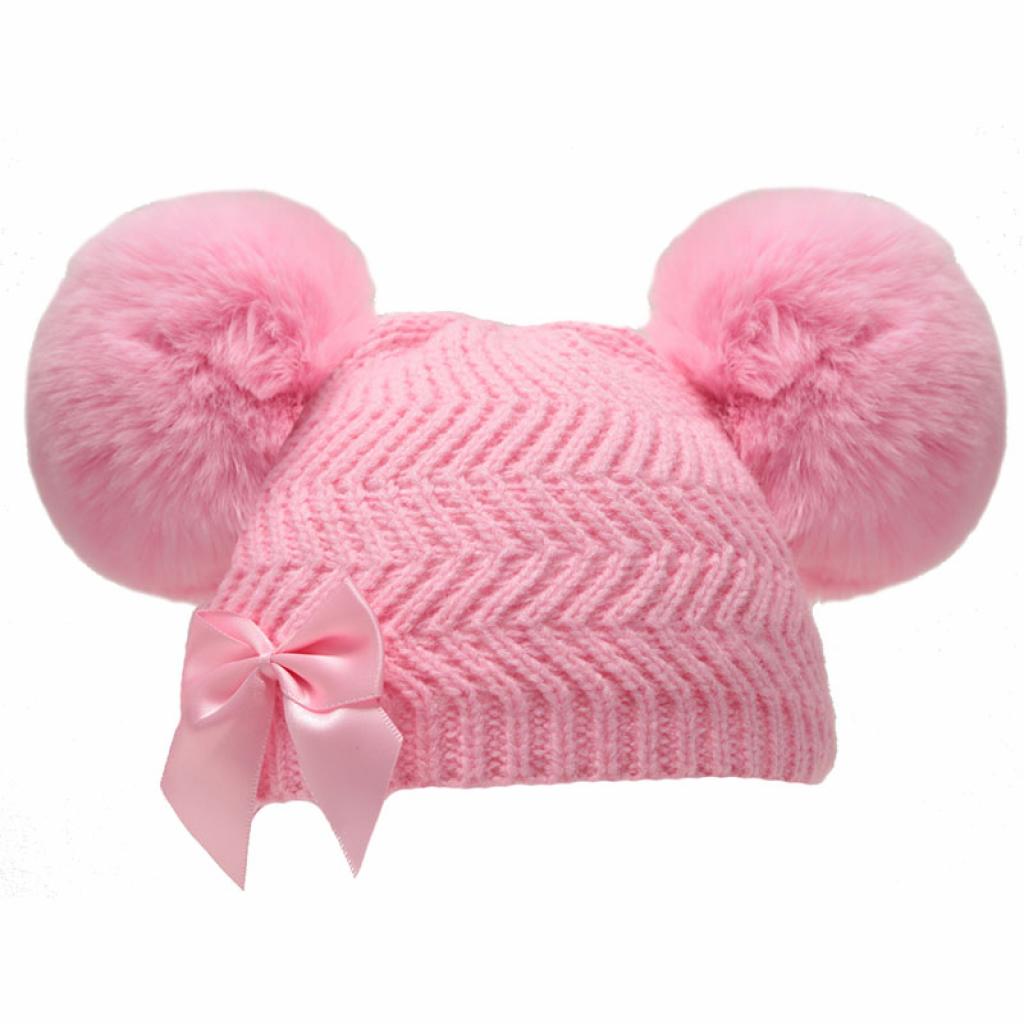 Soft Touch STH634-P-SM 5023797308000 STH634-P-SM Pink Zig Zag Pom Pom Bow Hat  (NB-6 months)
