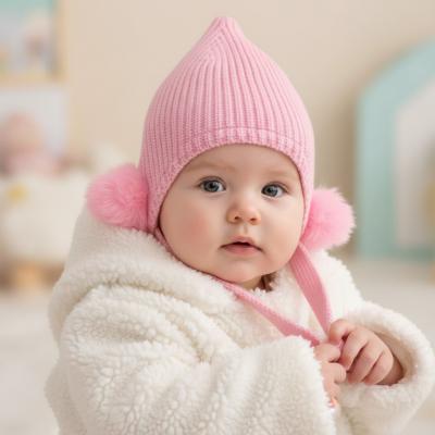 STH642P-SM  Pink Chenille Hat with Poms  (Newborn -12 months)