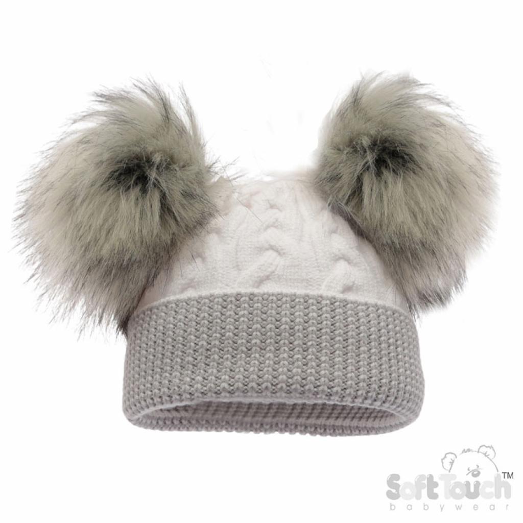 Soft Touch H646-G-SM 5023797311079 STH646-W-SM Grey Hat with large Pom-Poms (Newborn - 12 months)