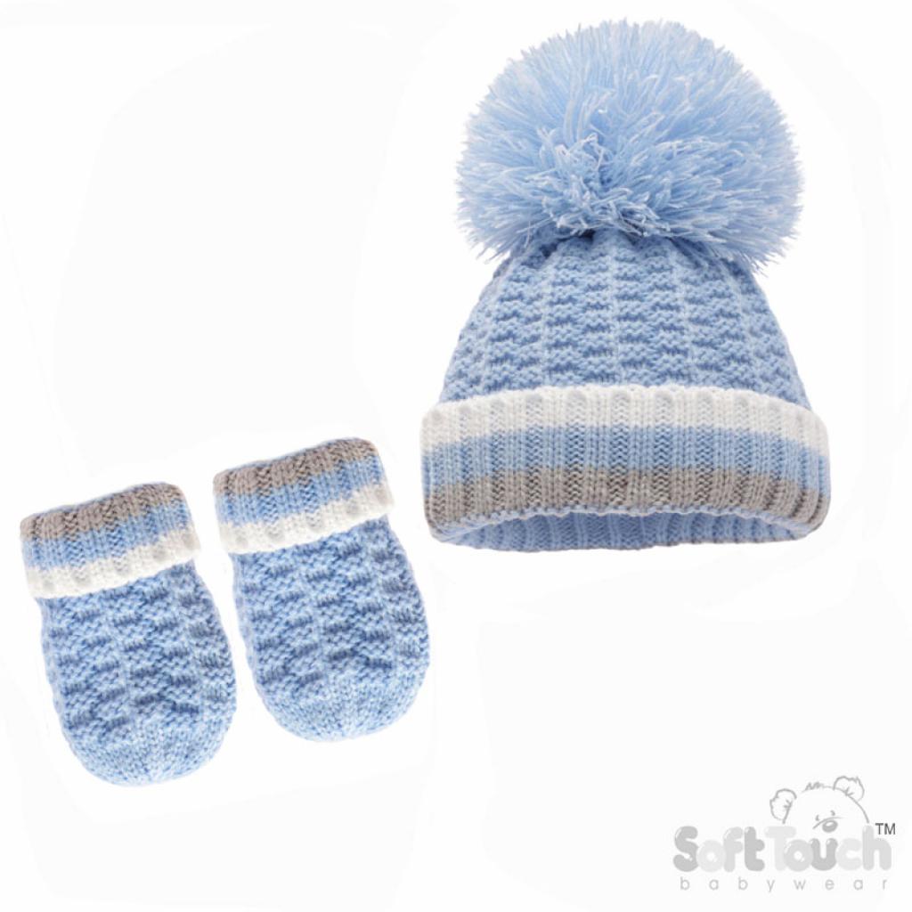 Soft Touch 4H648-B-SM 5023797311086 STH648-B-SM Pom Pom Hat and Mitts (Newborn - 12 months)