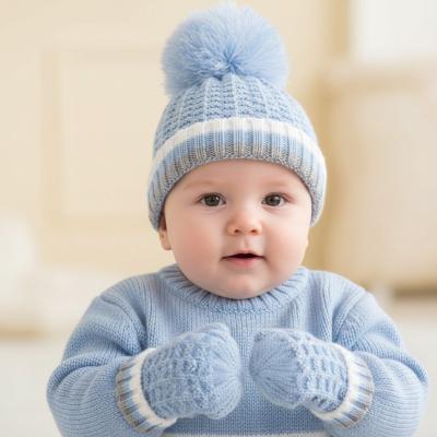 STH648-B-S Pom Pom Hat and Mitts (Newborn - 12 months)