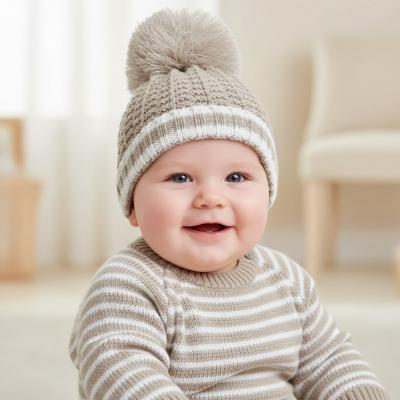STH648-Bi-BP  Biscuit Pom Pom Hat   (Newborn - 12 months)