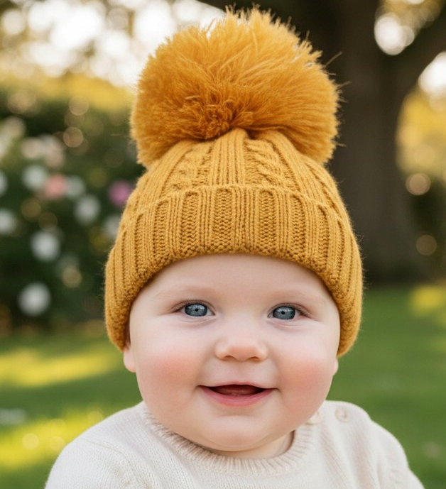 Soft Touch 4H650-M-SM 5023797310461 STH650-M-S Mustard Yellow Elegance Cable Knit Pom Hat (NB-12)