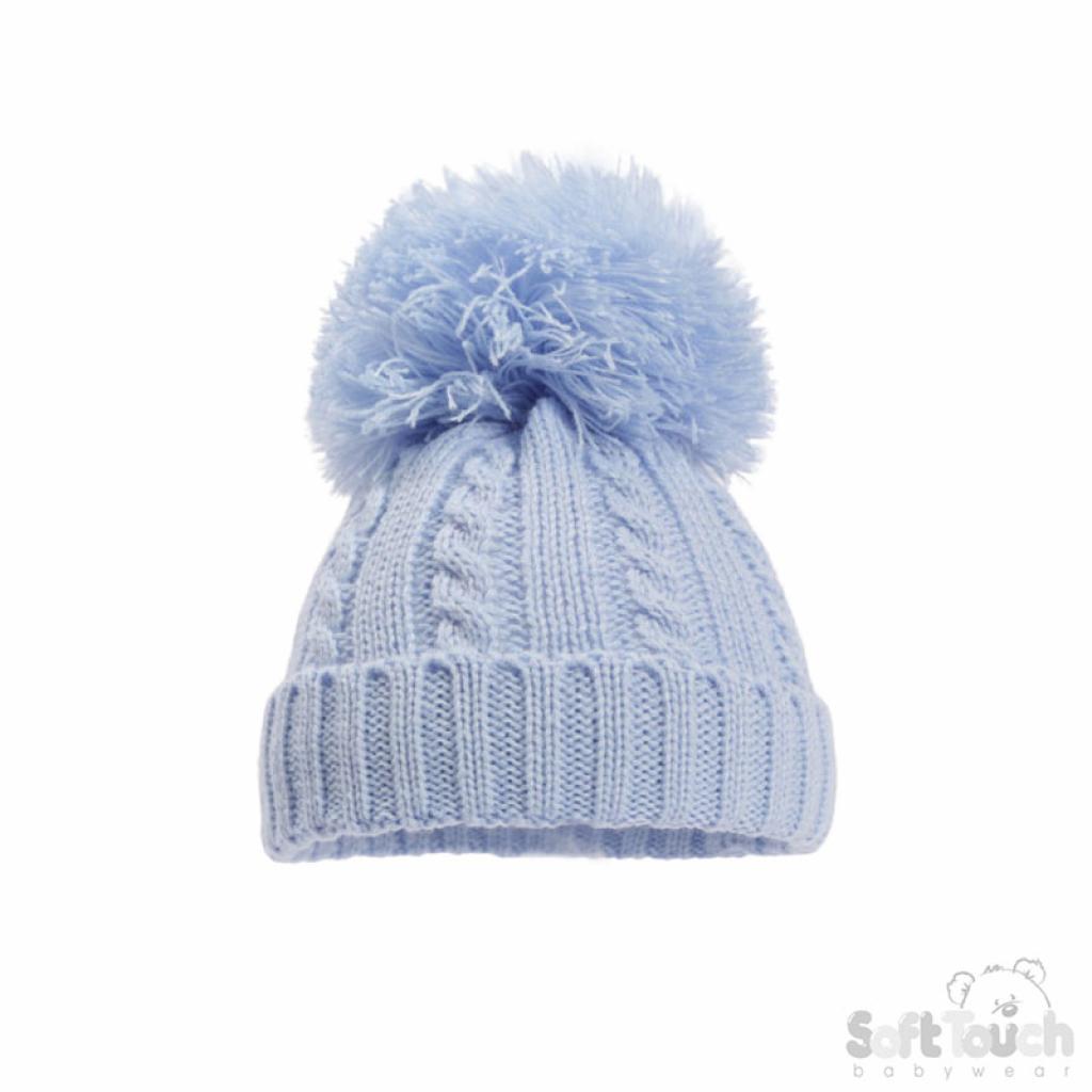 Soft Touch 4H652-B-SM 5023797310515 STH652-B-Med Blue Elegance Cable Knit Pom Pom Hat (12-24m)