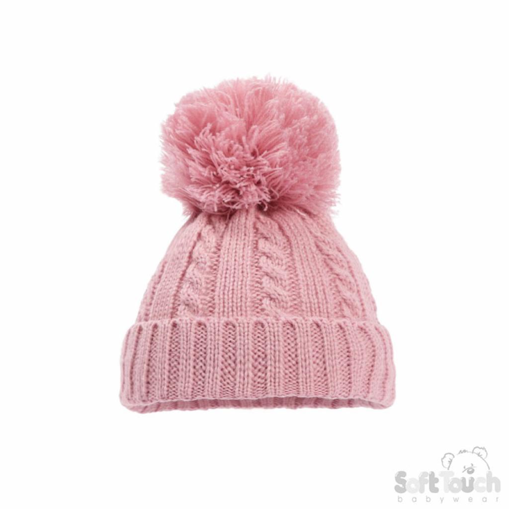 Soft Touch 4H652-DP-SM 5023797310546 STH652-DP-Med Dusky Pink Elegance Cable Knit Pom Pom Hat (12-24m