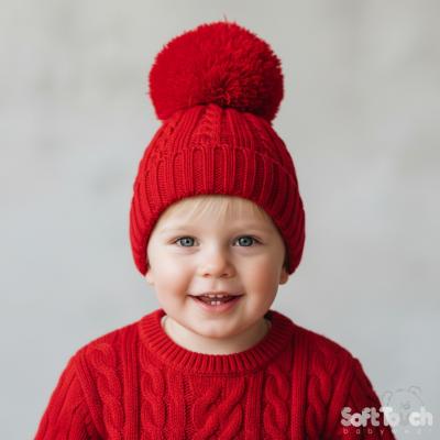 STH652-R-Med  Red Elegance Cable Knit Pom Pom Hat  (12-24m)