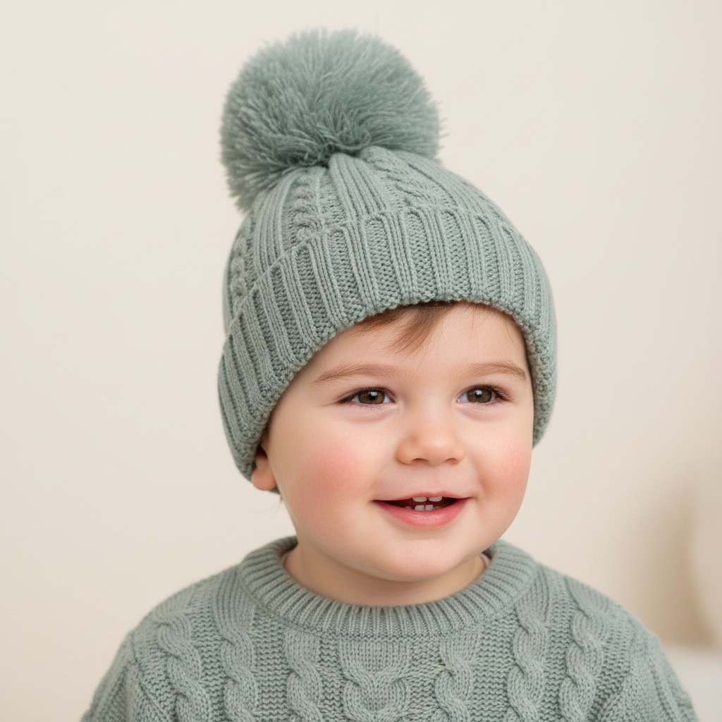 Soft Touch 4H652-SG-SM 5023797310577 STH652-SG-M Sage Green Elegance Cable Knit Pom Hat (12-24m)