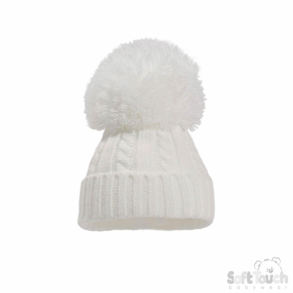 Soft Touch 4H652-W-SM 5023797310492 STH652-W-Med White Elegance Cable Knit Pom Pom Hat (12-24m)